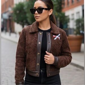 Staud Felix Airplane Embroidered Faux Shearling Teddy Aviator Jacket in Medium